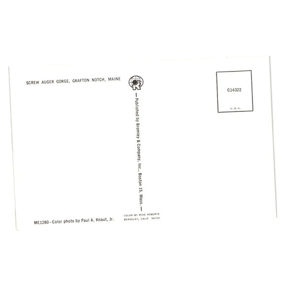 Screw Auger Gorge Grafton Notch Maine Bromley Co Vintage Postcard C14322 Unused - Picture 2 of 2